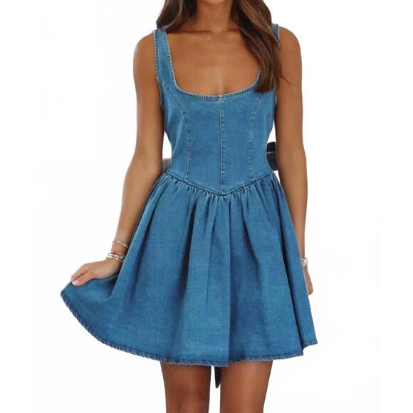 NEW LITTLE DAISY CLOSET bow knot a-line denim dress in blue - Picture 1 of 3